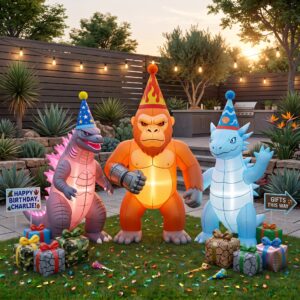 Godzilla x Kong Characters Inflatable Trio Yard 10' Foot Wide Decoration Party Prop Sign with Birthday Presents