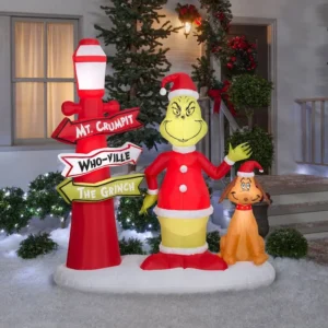 Grinch Stole Christmas Grinch with Max Lamppost Sign Scene Inflatable Yard 6' Foot Decoration Party Prop Sign Christmas