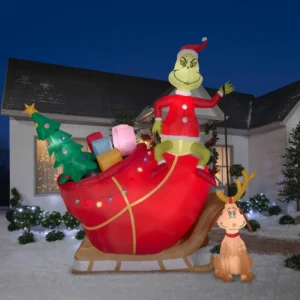 Grinch Stole Christmas Grinch & max on Sleigh with presents Inflatable Yard 12' Foot Decoration Party Prop Sign Christmas