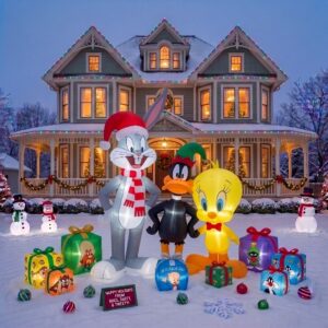 Looney Tunes Bugs Bunny Daffy Duck Tweety Bird Inflatable Trio Yard 10' Foot Wide Decoration Party Prop Sign with Christmas Presents
