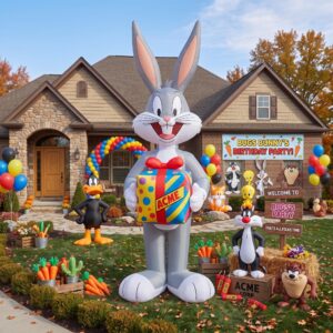 Looney Tunes Bugs Bunny with Birthday Present 10' Foot Tall Massive Caracter Inflatable LED Blow Up Decoration Party Prop Birthday