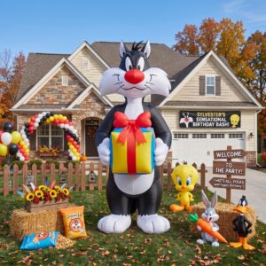 Looney Tunes Sylvester with Birthday Present 10' Foot Tall Massive Caracter Inflatable LED Blow Up Decoration Party Prop Birthday