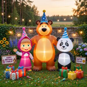 Masha and The Bear Characters Inflatable Trio Yard 10' Foot Wide Decoration Party Prop Sign with Birthday Presents