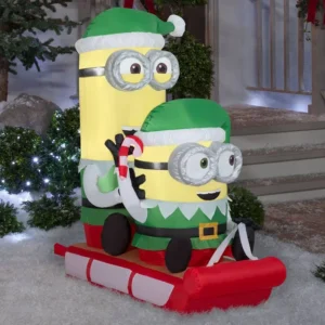 Minions Elf Suit on Sled Inflatable Yard 3.5' Foot Decoration Party Prop Sign Christmas