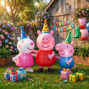 Peppa Pig Characters Inflatable Trio Yard 10' Foot Wide Decoration Party Prop Sign with Birthday Presents