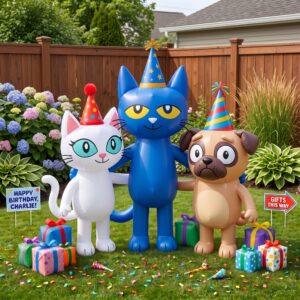 Pete the Cat Characters Inflatable Trio Yard 10' Foot Wide Decoration Party Prop Sign with Birthday Presents