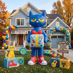 Pete the Cat with Birthday Present 10' Foot Tall Massive Caracter Inflatable LED Blow Up Decoration Party Prop Birthday