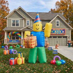 Roblox Noob with Birthday Present 10' Foot Tall Massive Caracter Inflatable LED Blow Up Decoration Party Prop Birthday