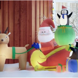 Santa Claus on Sleigh and Penguins Inflatable Yard 6' Foot Decoration Party Prop Sign Christmas