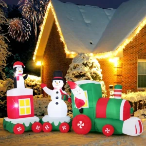 Santa Claus with Train and Snowman Penguin Inflatable Yard 11.5' Foot Decoration Party Prop Sign Christmas