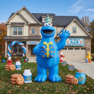 Sesame Street Cookie Monster with Birthday Present 10' Foot Tall Massive Caracter Inflatable LED Blow Up Decoration Party Prop Birthday
