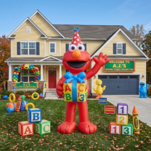 Sesame Street Elmo with Birthday Present 10' Foot Tall Massive Caracter Inflatable LED Blow Up Decoration Party Prop Birthday