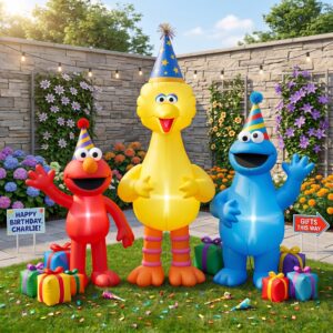 Sesame Street Characters Inflatable Trio Yard 10' Foot Wide Decoration Party Prop Sign with Birthday Presents