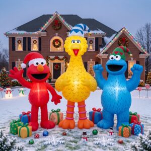 Sesame Street Elmo Big Bird Cookie Monster Inflatable Trio Yard 10' Foot Wide Decoration Party Prop Sign with Christmas Presents