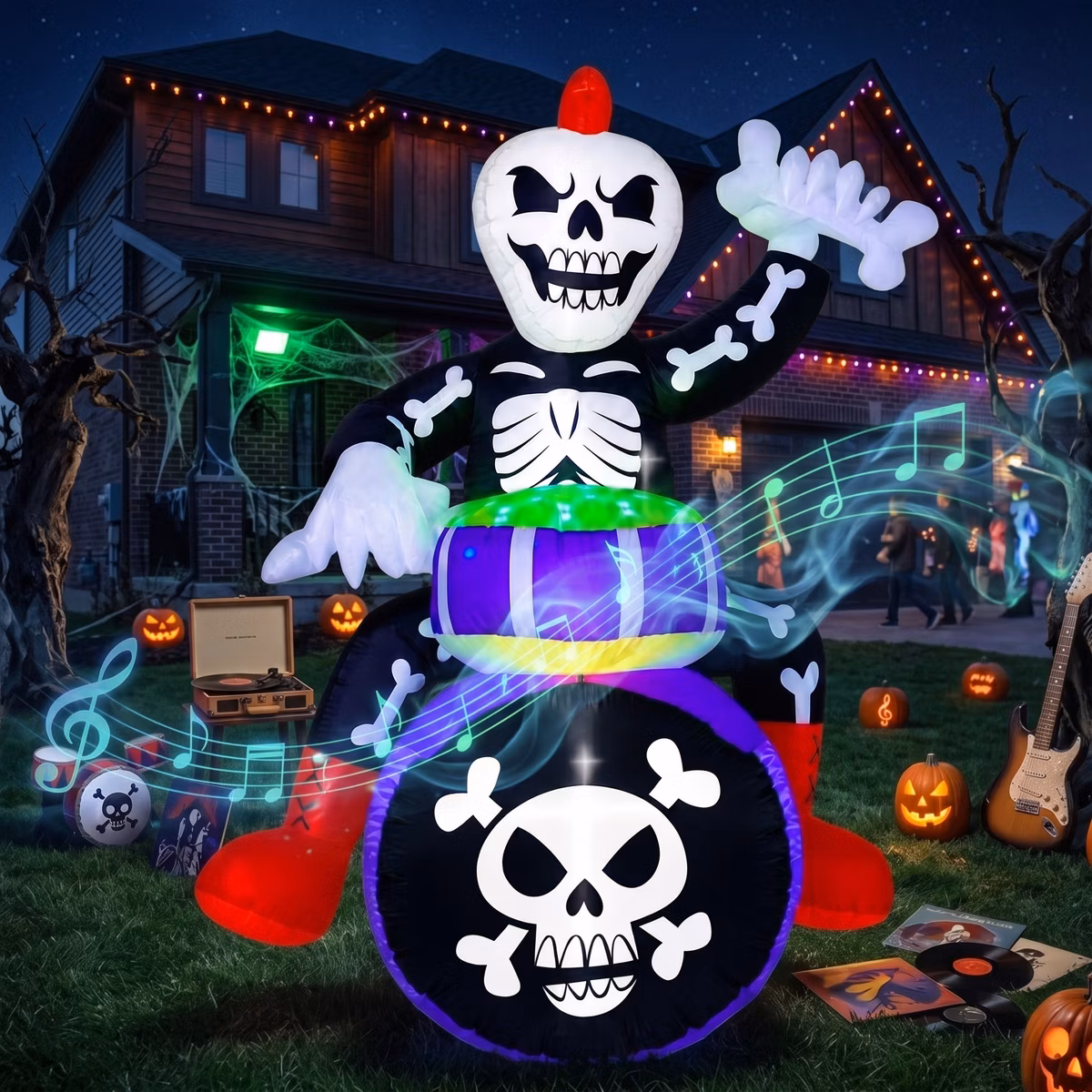Skeleton drummer with drums and Bluetooth Music Speaker Inflatable Yard 6' Foot Decoration Party Prop Sign Halloween