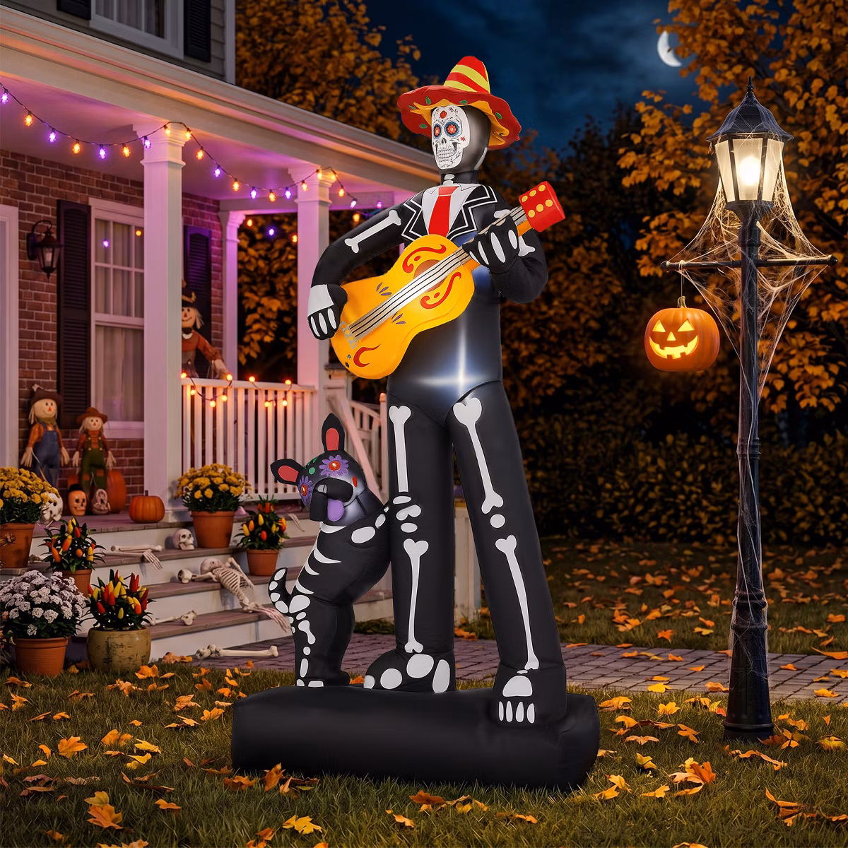 Skeleton Musician with dog Inflatable Yard 7.3' Foot Decoration Party Prop Sign Halloween