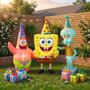 SpongeBob SquarePants Characters Inflatable Trio Yard 10' Foot Wide Decoration Party Prop Sign with Birthday Presents