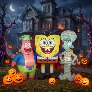 SpongeBob SquarePants Characters Inflatable Trio Yard 10' Foot Wide Decoration Party Prop Sign with Halloween Pumpkins