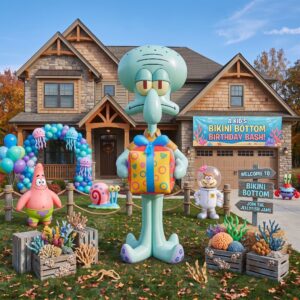 SpongeBob SquarePants Squidward with Birthday Present 10' Foot Tall Massive Caracter Inflatable LED Blow Up Decoration Party Prop Birthday