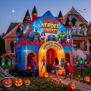 Super Heroes Theme Giant Yard Inflatable Walk-Through Haunted House Castle 10' Foot Tall Decoration Party Prop Halloween