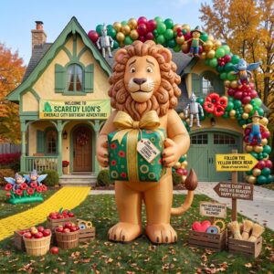 Wizard of Oz Cowardly Lion with Birthday Present 10' Foot Tall Massive Caracter Inflatable LED Blow Up Decoration Party Prop Birthday